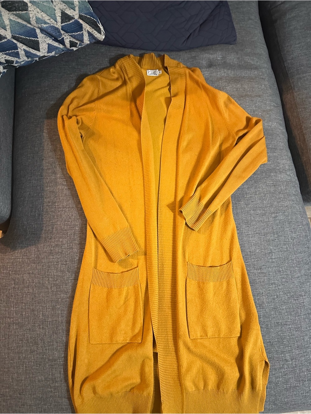 Women’s Cielo Mustard yellow Open-Front Long Cardigan Sweater with pockets